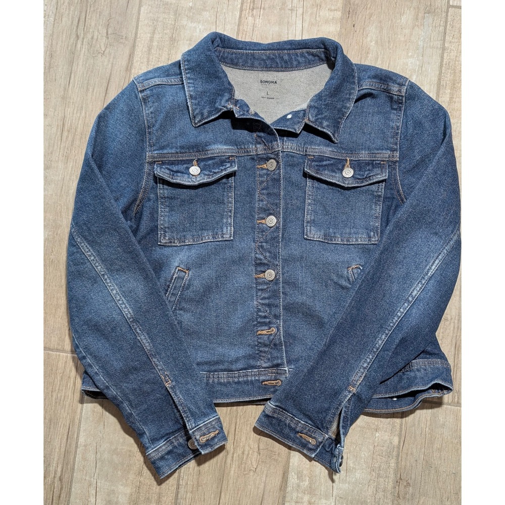 Sonoma Goods For Life‎ Womens Medium Wash Denim Trucker Jacket Blue Sizeo L